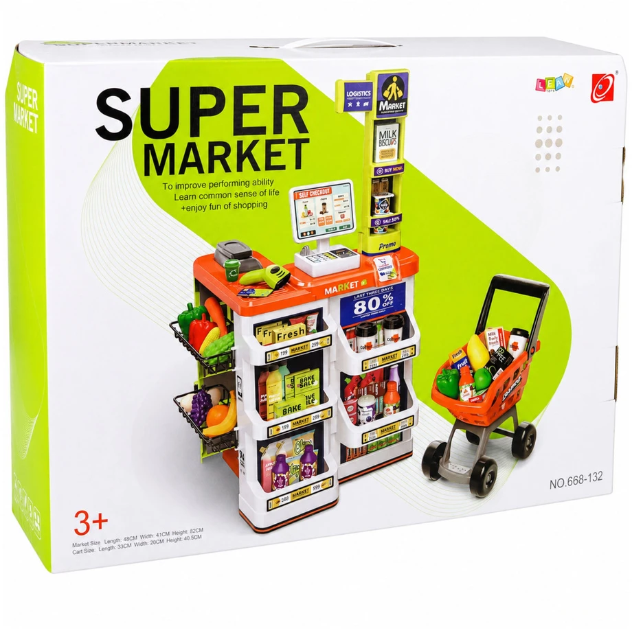 Lean Toys Žaislinis prekybos centro rinkinys su kasos aparatu ir skaitytuvu, įvairiaspalvis, 82 × 48 × 41 cm, apie 60 dalių