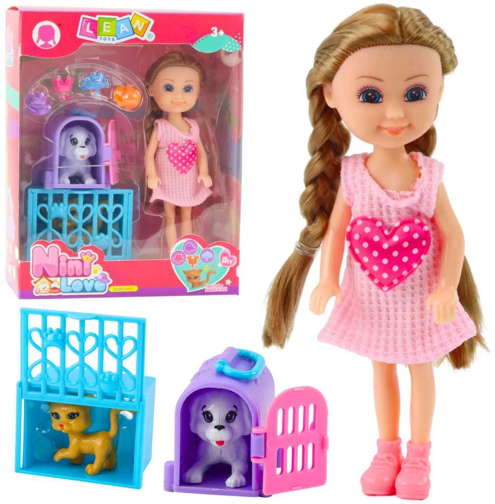 Lean Toys Lėlė su priedais ir vežimėliu, 14 cm