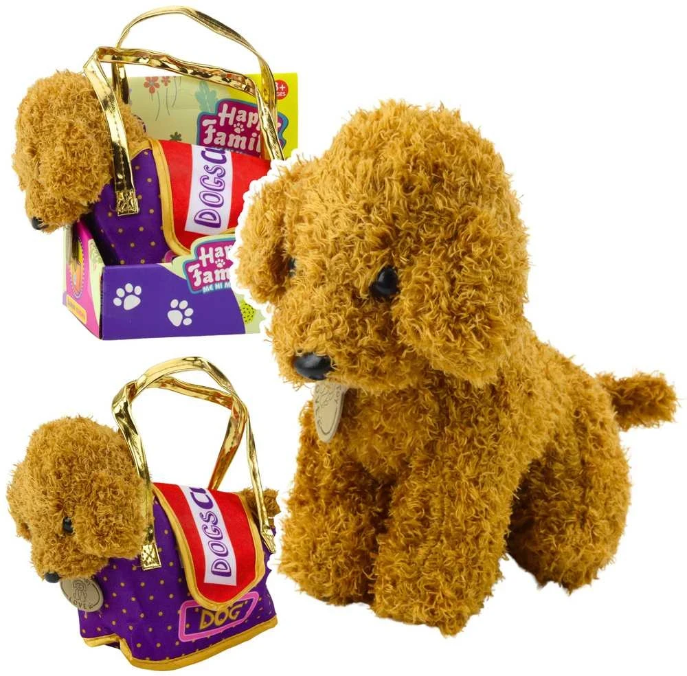 Lean Toys Pliušinis žaislas - šviesiai rudas šuniukas su krepšeliu, 20 cm