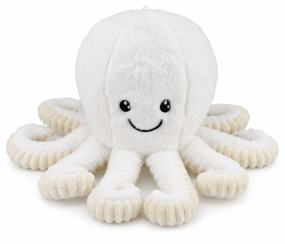 Lean Toys Pliušinis aštuonkojis su elastingais čiuptuvais, baltas su kreminėmis detalėmis, 50 × 30 × 30 cm