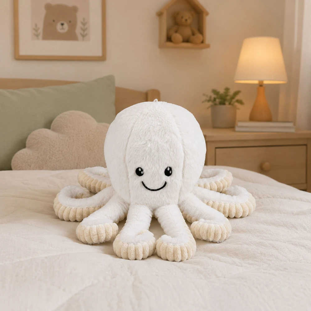 Lean Toys Pliušinis aštuonkojis su elastingais čiuptuvais, baltas su kreminėmis detalėmis, 50 × 30 × 30 cm