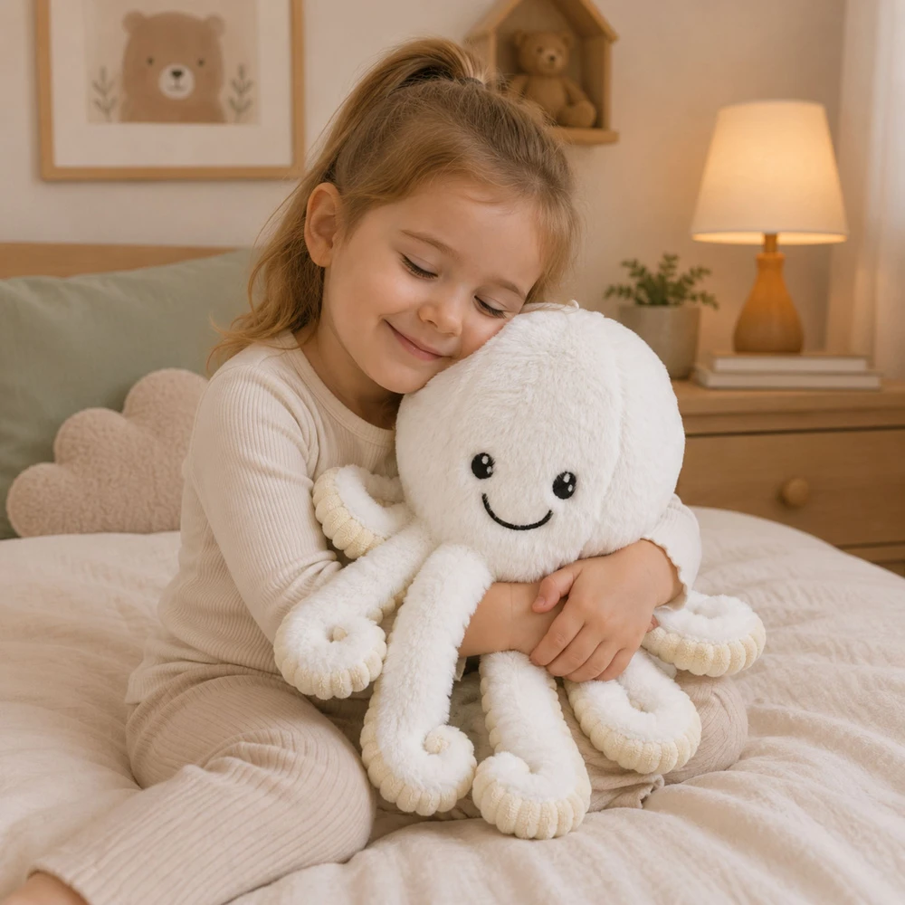 Lean Toys Pliušinis aštuonkojis su elastingais čiuptuvais, baltas su kreminėmis detalėmis, 50 × 30 × 30 cm