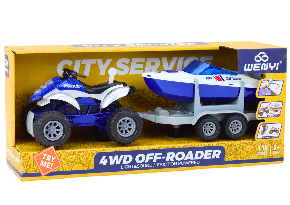 Lean Toys Policijos keturratis su priekaba ir motorine valtimi