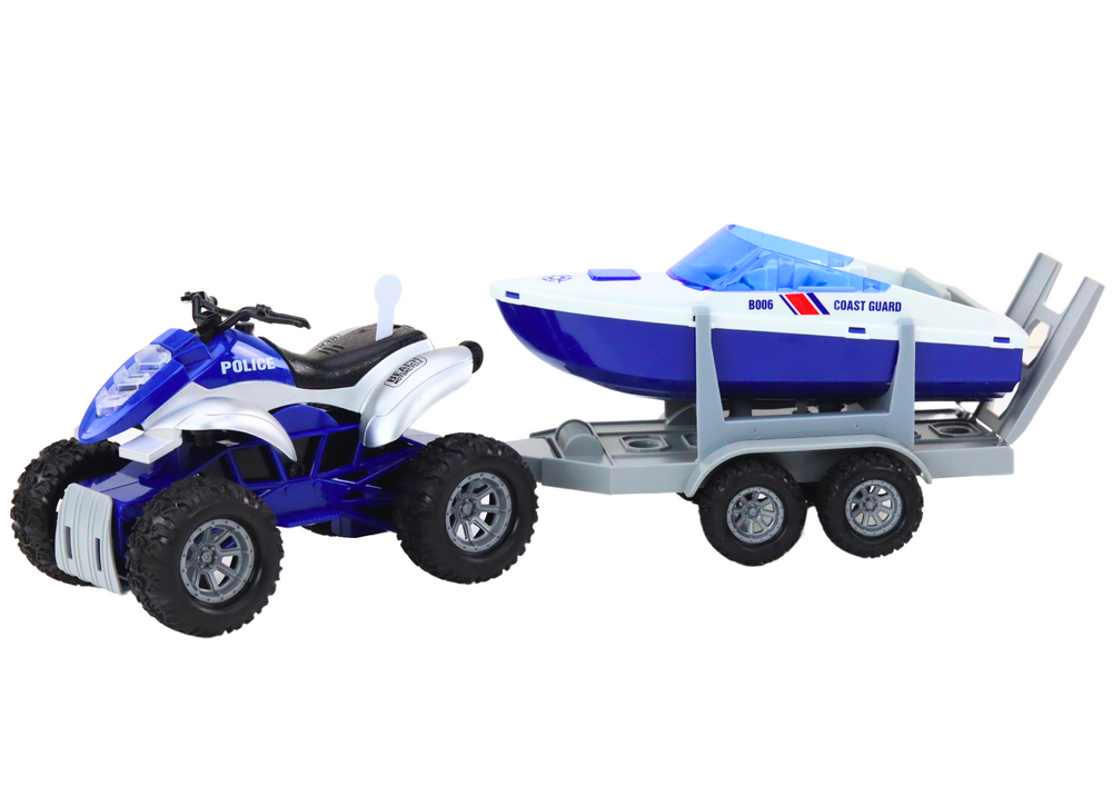 Lean Toys Policijos keturratis su priekaba ir motorine valtimi