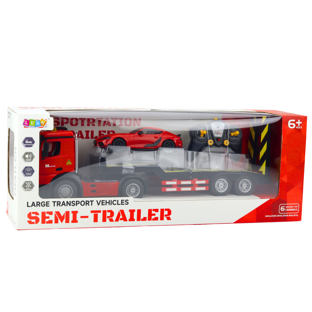 Lean Toys Nuotoliniu būdu valdomas automobilio vilkikas su sportiniu automobiliu 1:16