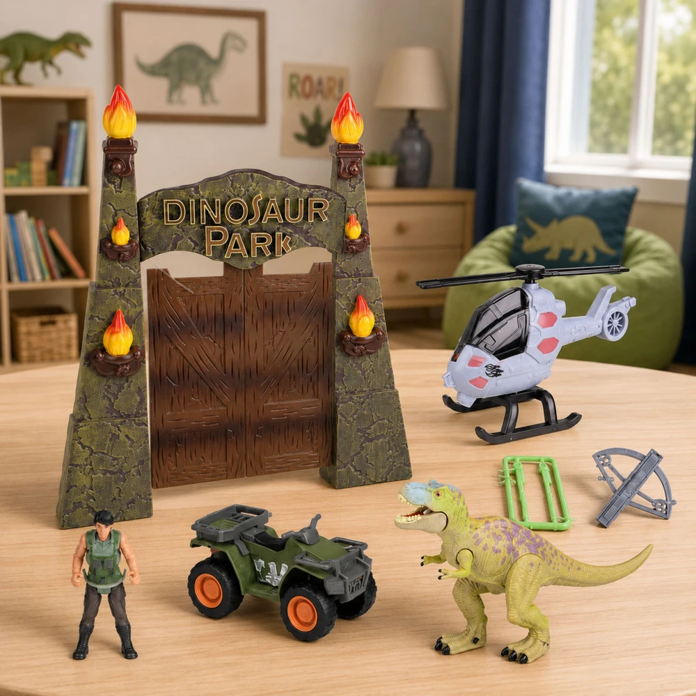 Lean Toys Research Base Dinosaur Park Gate Helicopter Quad Figures Explorer