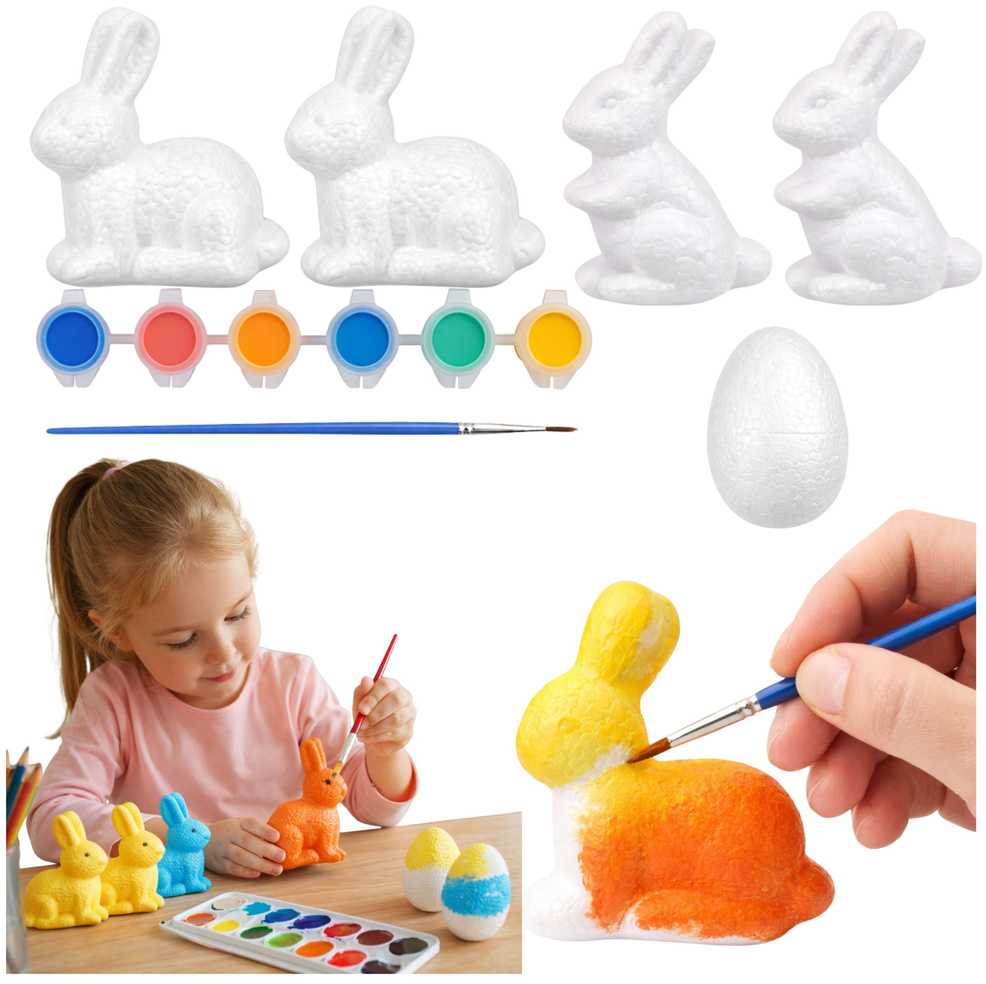 Lean Toys Rinkinys putplasčio dekoracijoms dažyti 4 zuikiai 2 kiaušinių dažai