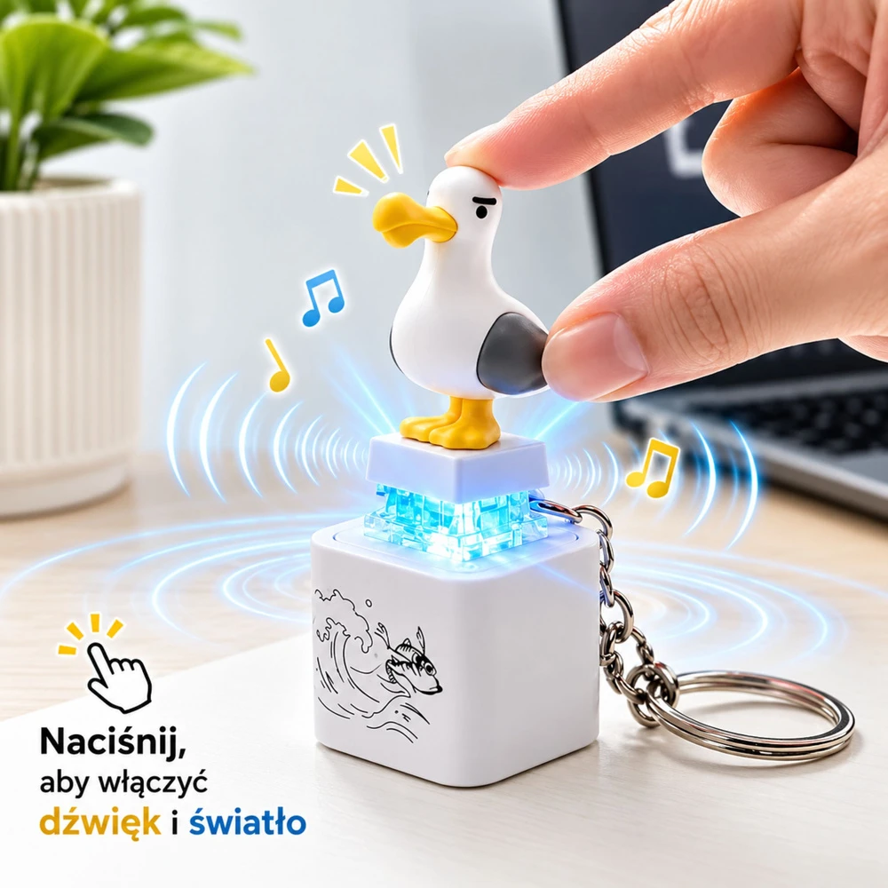 Lean Toys Raktų pakabukas su žuvėdros figūrėle, su šviesa ir garsu, baltas, pilkas ir geltonas, apie 8 × 2,5 × 2,5 cm