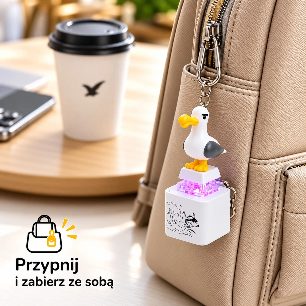 Lean Toys Raktų pakabukas su žuvėdros figūrėle, su šviesa ir garsu, baltas, pilkas ir geltonas, apie 8 × 2,5 × 2,5 cm