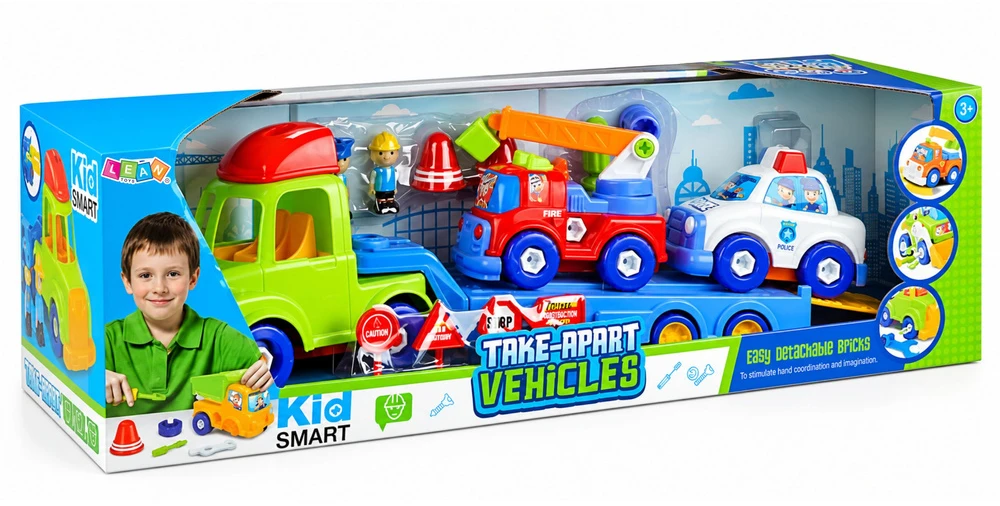 Lean Toys Vilkikas su automobiliukais ir aksesuarais