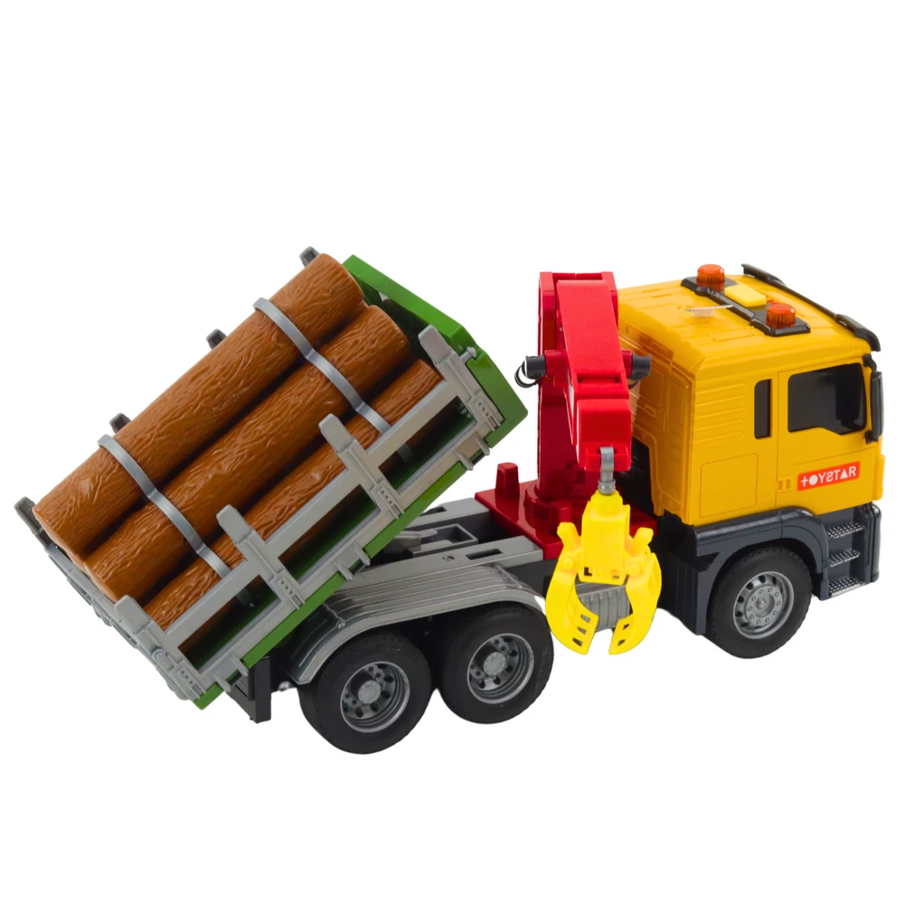 Lean Toys Geltonas medienos gabenimo sunkvežimis su kranu 1:14