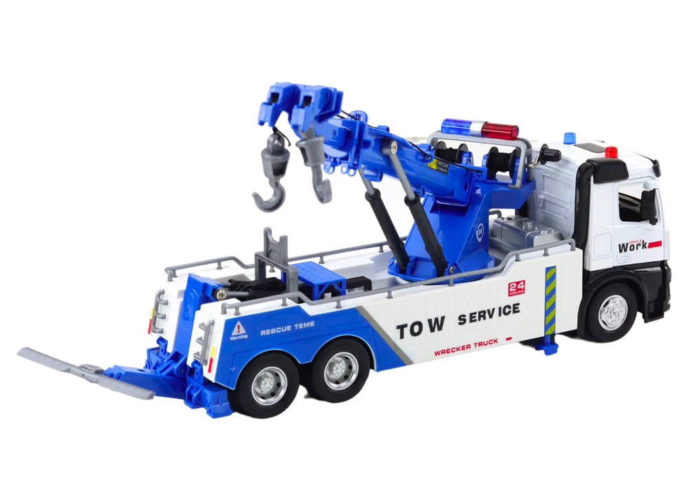 Lean Toys Baltas ir Mėlynas Sunkvežimis su Kranu ir Dviem Metaliniais Kabliais