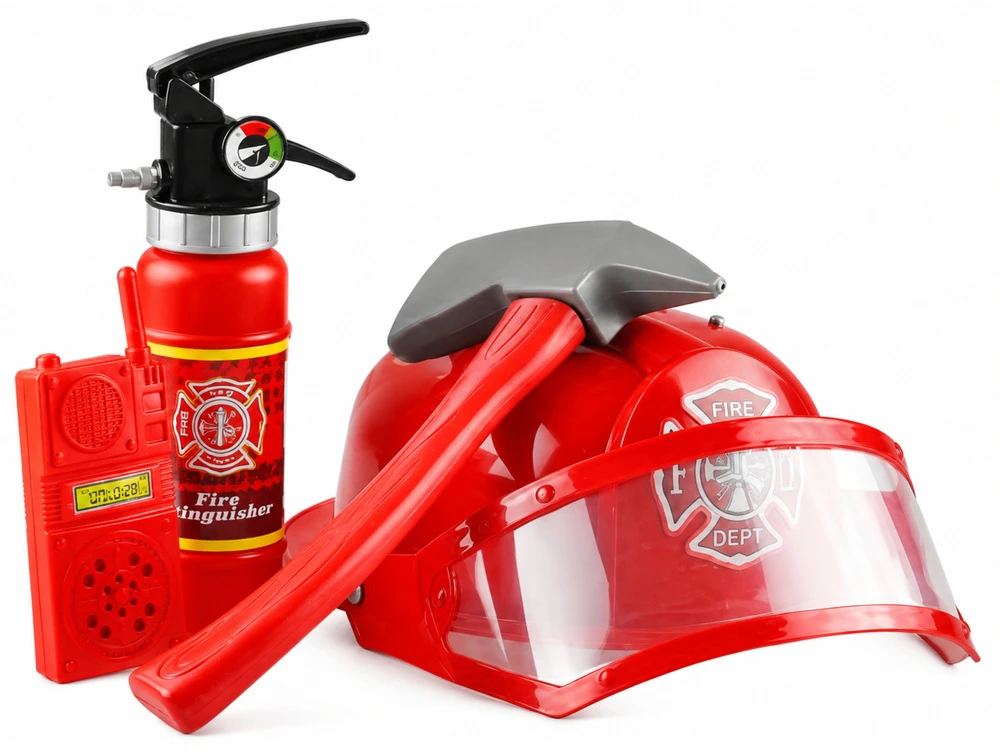 Lean Toys Ugniagesio kostiumas su priedais - šalmu, gesintuvu, laužtuvu
