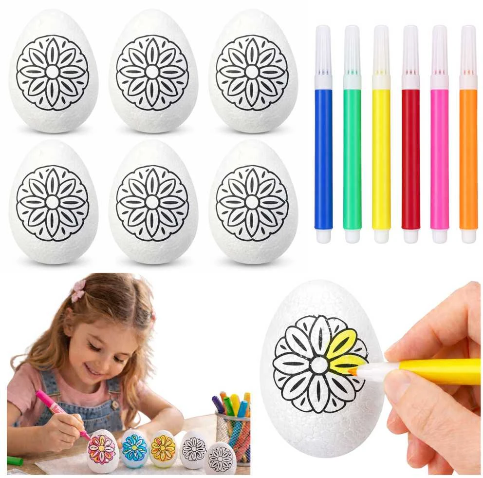 Lean Toys Jajka Velykiniai putplasčio kiaušiniai dažymui žymekliais, gėlių raštas A, 6 vnt.