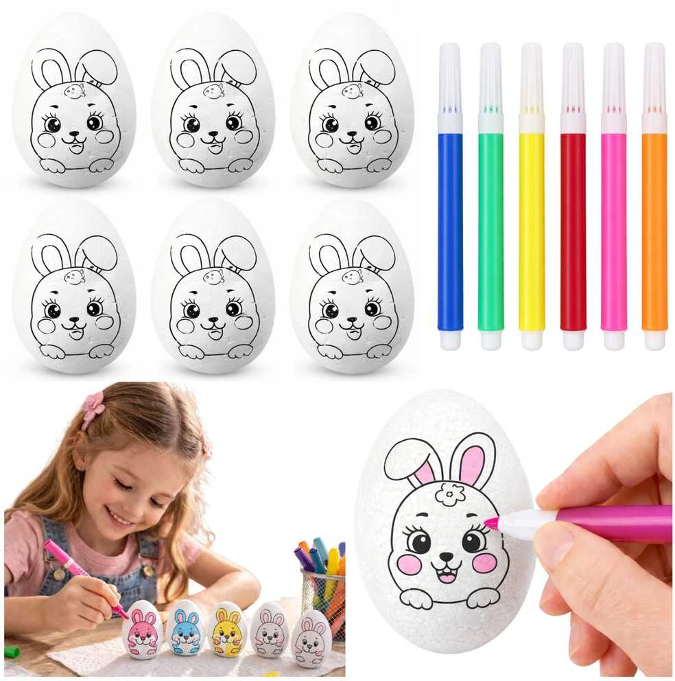 Lean Toys Jajka Velykiniai putplasčio kiaušiniai dažymui žymekliais, zuikio raštas, D, 6 vnt.