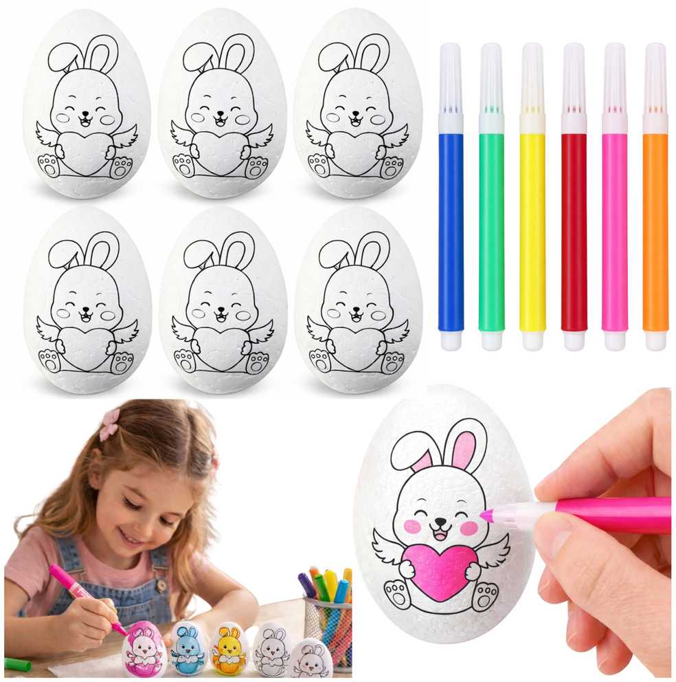 Lean Toys Jajka Velykiniai putplasčio kiaušiniai dažymui žymekliais, zuikio raštas, E, 6 vnt.