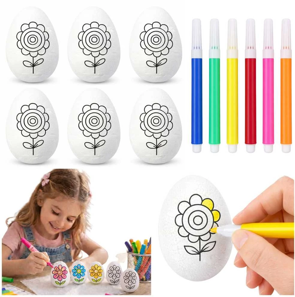 Lean Toys Jajka Velykiniai putplasčio kiaušiniai dažymui žymekliais, gėlių raštas C, 6 vnt.