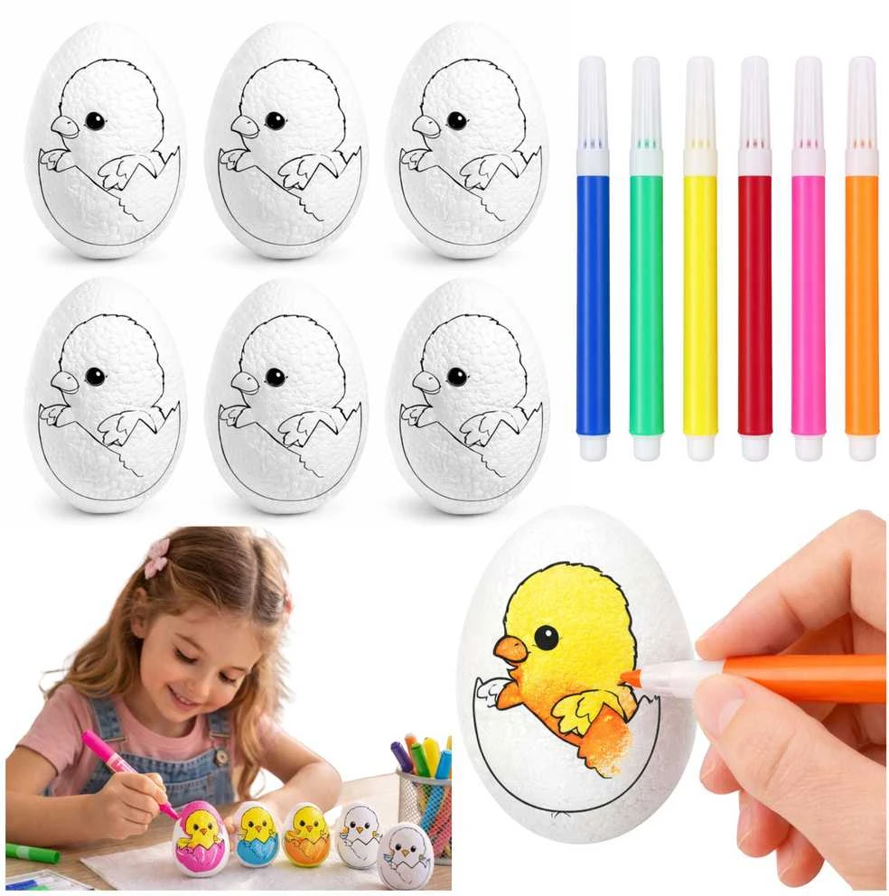Lean Toys Jajka Velykiniai putplasčio kiaušiniai dažymui, žymekliai, višta kiaušinyje, 6 vnt.