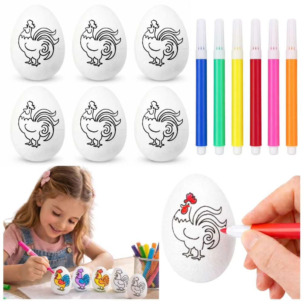 Lean Toys Jajka Velykiniai putplasčio kiaušiniai dažymui Žymekliai Žymekliai Gaidžiai 6 vnt.