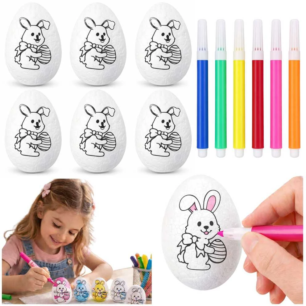 Lean Toys Jajka Velykiniai putplasčio kiaušiniai dažymui žymekliais, zuikio raštas B, 6 vnt.
