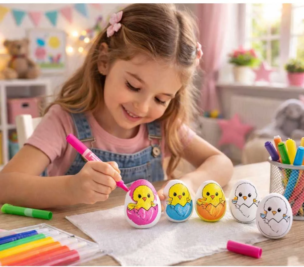 Lean Toys Jajka Velykiniai putplasčio kiaušiniai dažymui, žymekliai, višta kiaušinyje, 6 vnt.