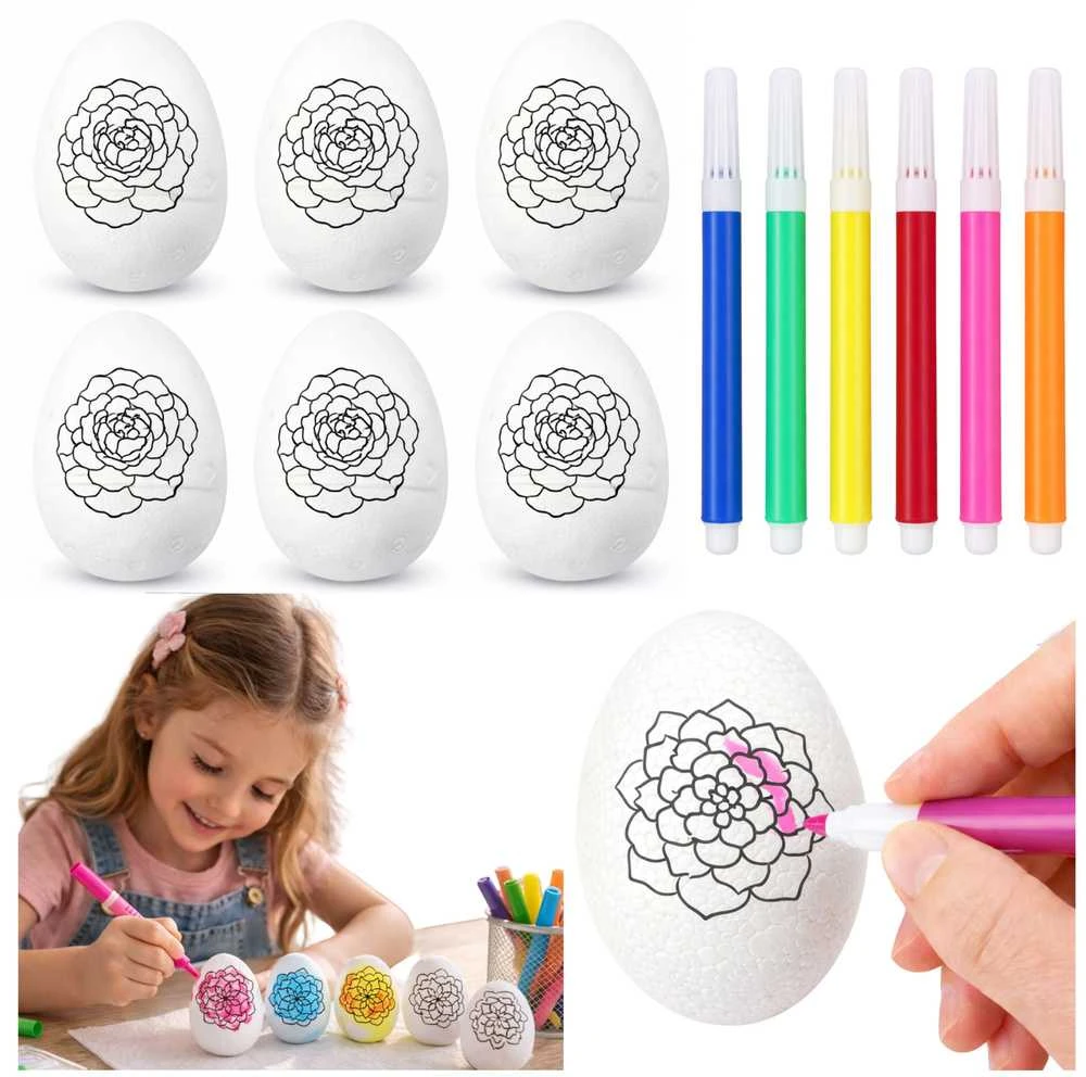 Lean Toys Jajka Velykiniai putplasčio kiaušiniai dažymui žymekliais, gėlių raštas B, 6 vnt.