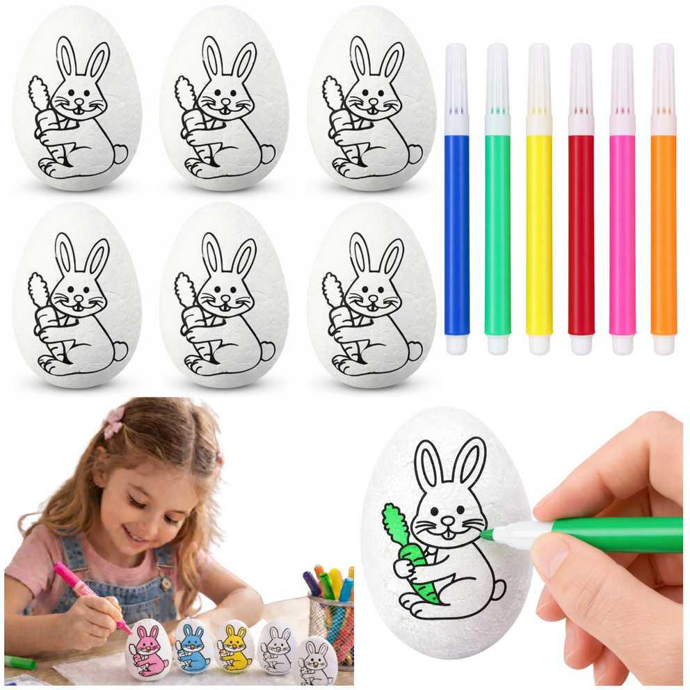 Lean Toys Jajka Velykiniai putplasčio kiaušiniai dažymui žymekliais, zuikio raštas, 6 vnt.