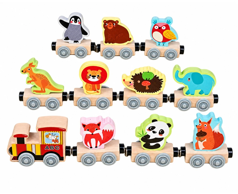 Lean Toys Medinis gyvūnų traukinukas su lokomotyvu ir 10 magnetinių vagonų, įvairiaspalvis