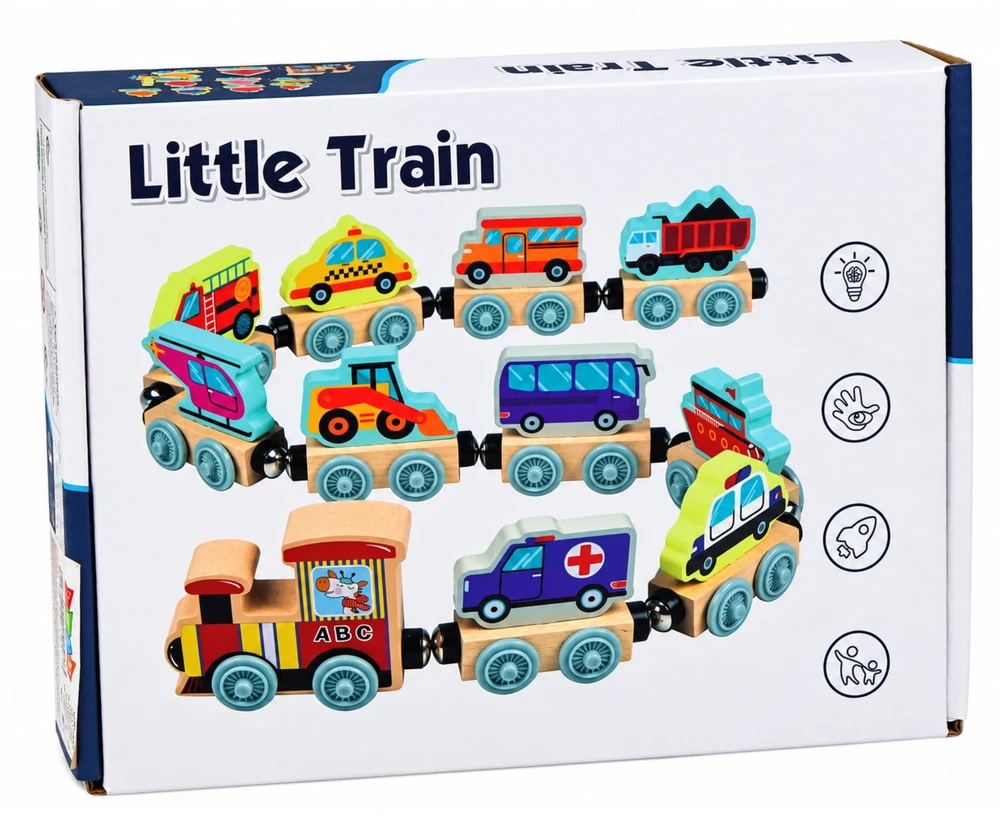 Lean Toys Medinis gyvūnų traukinukas su lokomotyvu ir 10 magnetinių vagonų, įvairiaspalvis