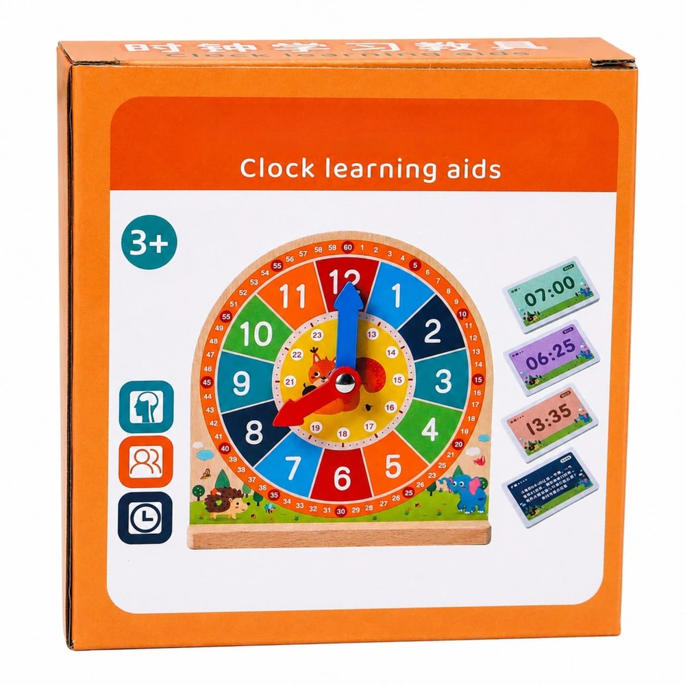 Lean Toys Mokomasis medinis laikrodis su 55 kortelėmis, 15 x 14 x 3,5 cm