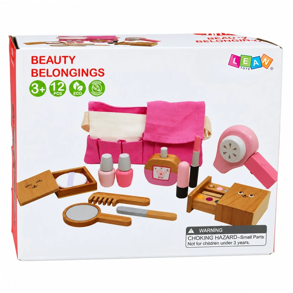 Lean Toys Drewniany Rinkinys Kosmetyków Dla Dzieci Makijaż Kosmetyczka 12 el.