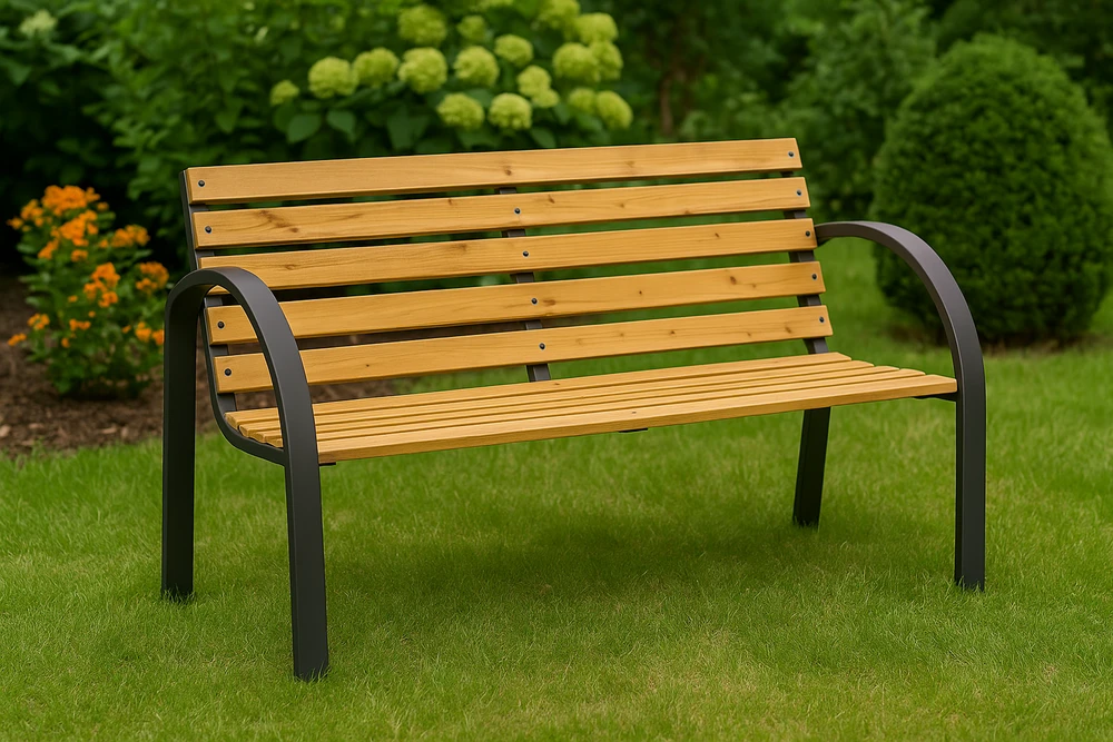 Sodo suoliukas Lean iš medžio ir metalo su atlošu, 125x73x53 cm