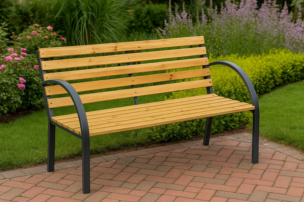Sodo suoliukas Lean iš medžio ir metalo su atlošu, 125x73x53 cm