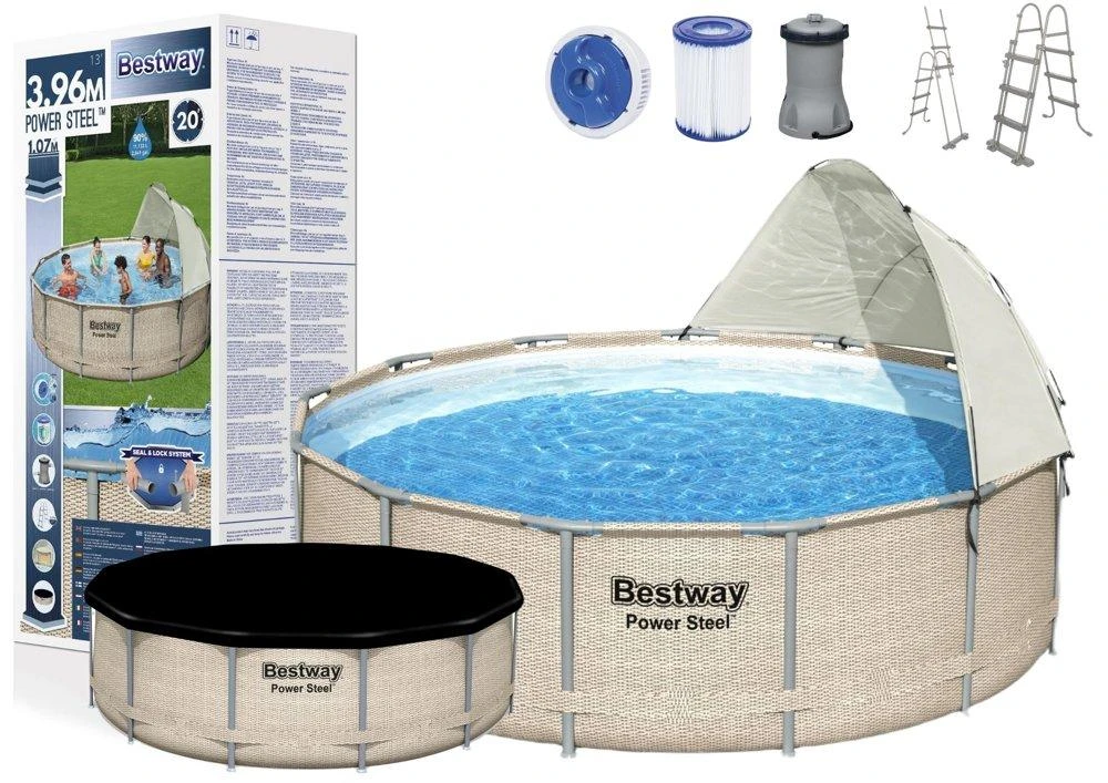 Baseinas su rėmu ir gaubtu 13FT 396x107 cm Power Steel BESTWAY