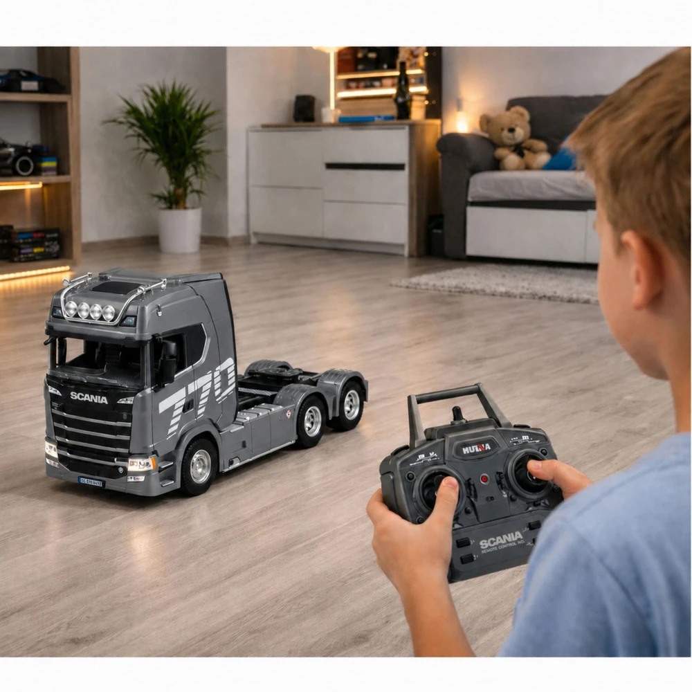 Nuotoliniu būdu valdomas sunkvežimis „Scania Huina 1501“ 1:18, pilkas sidabrinis, 39,2 × 24,4 × 16,6 cm
