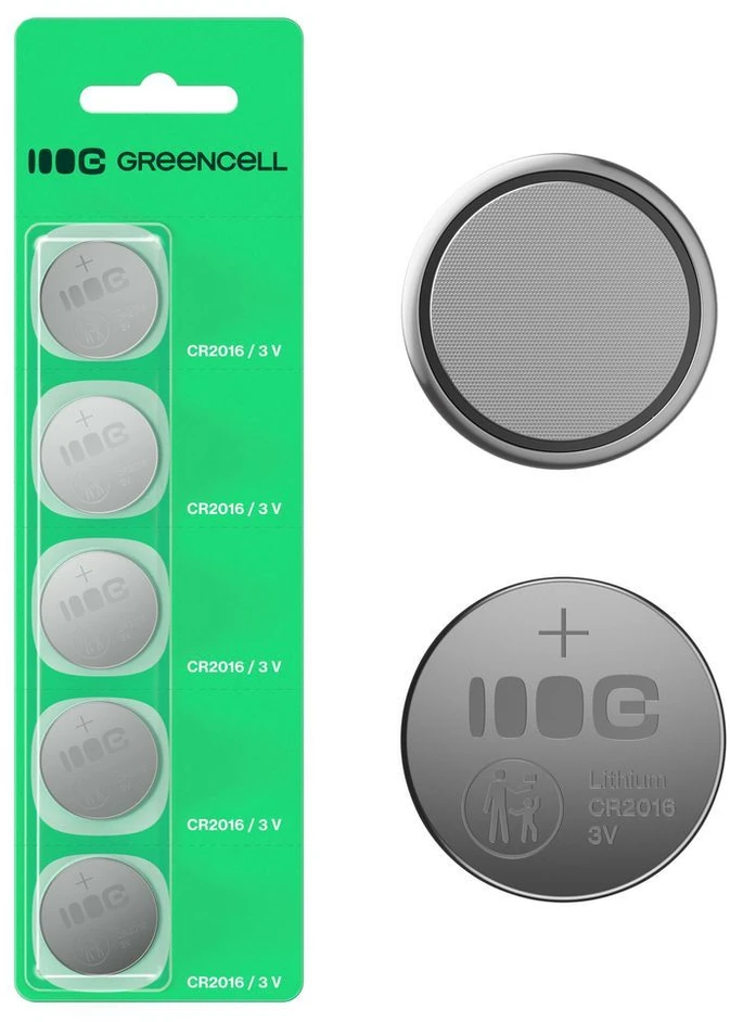 Green Cell Žalias Cell Greencell blisterinės pakuotės 5 ličio baterijos CR2016 3V 80mAh, skirtos raktų pakabukams, laikrodžiams, nuotolinio valdymo pultams, svarstyklėms