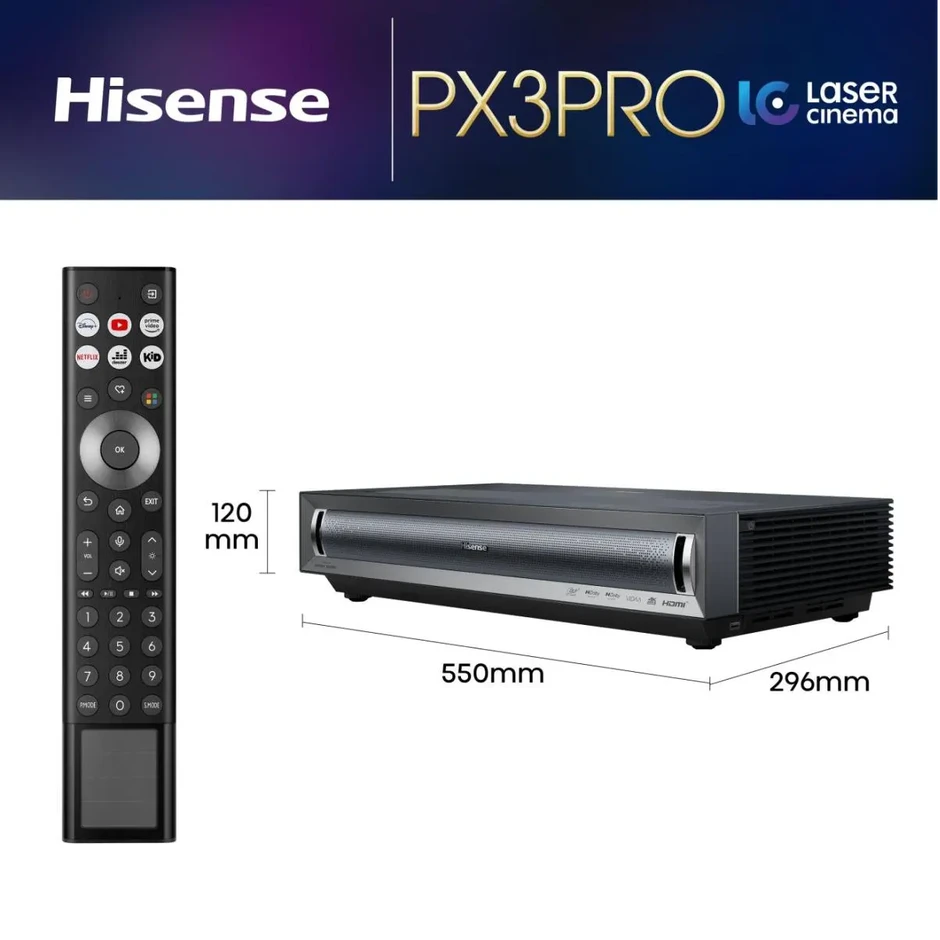 Lazerinis projektorius Hisense PX3-PRO 4K UHD, 80–150", 3000 ANSI lm, Dolby Vision, Dolby Atmos