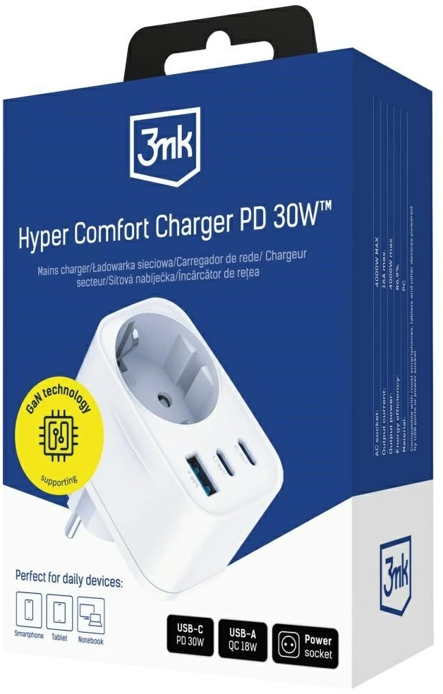 3Mk apsaugos priedai - 3mk komfortiškas įkroviklis GaN 30W QC PD PPS 2C1A1S Baltas