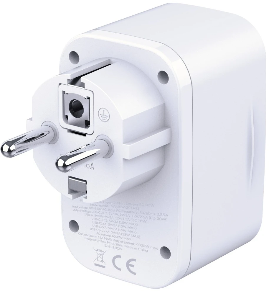 3Mk apsaugos priedai - 3mk komfortiškas įkroviklis GaN 30W QC PD PPS 2C1A1S Baltas