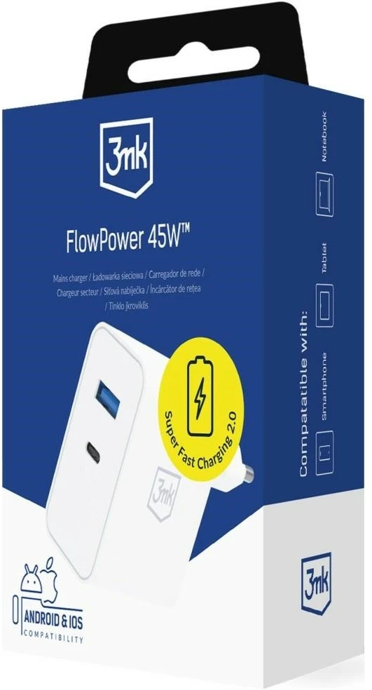 3Mk apsauga 3mk FlowPower 45W GaN PD PPS DCP QC4+ SuperVOOC AFC FCP SCP 1A1C Baltas