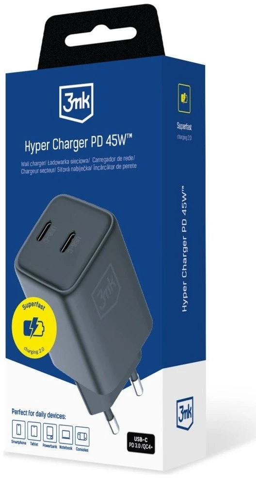 Laidinis įkroviklis 3MK Hyper Charger PD 45W GaN QC4+ PPS 2C Super-Fast Charge 2.0 juodos spalvos