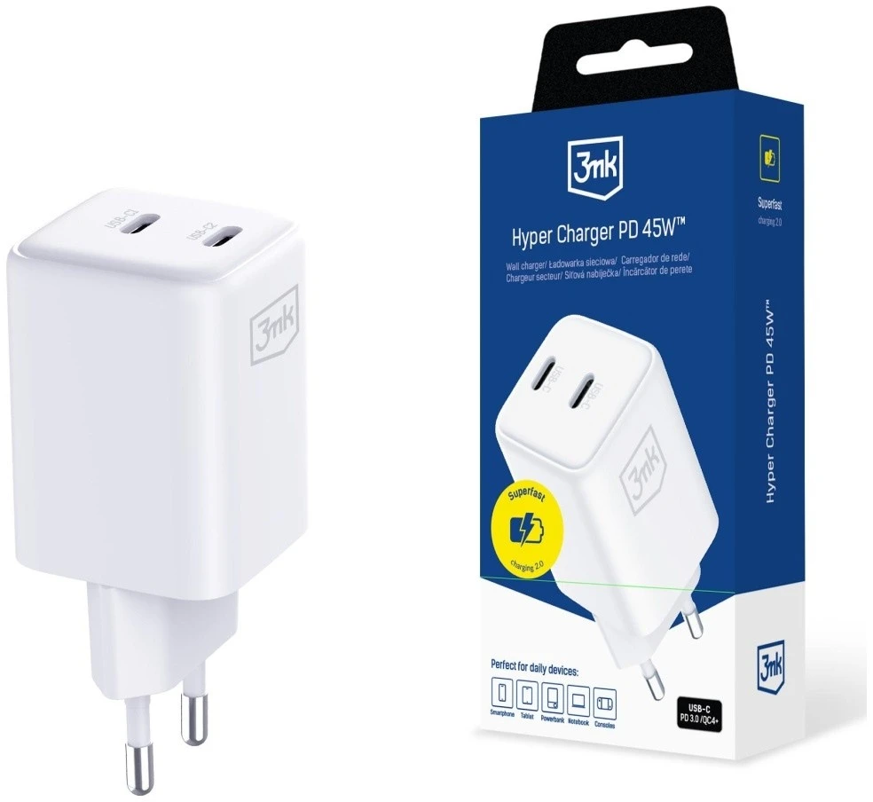 Laidinis įkroviklis 3MK Hyper Charger PD 45W GaN QC4+ PPS 2C Super-Fast Charge 2.0 baltos spalvos