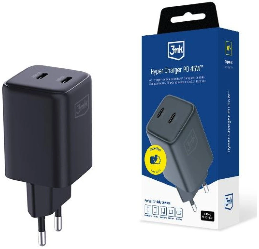 Laidinis įkroviklis 3MK Hyper Charger PD 45W GaN QC4+ PPS 2C Super-Fast Charge 2.0 juodos spalvos