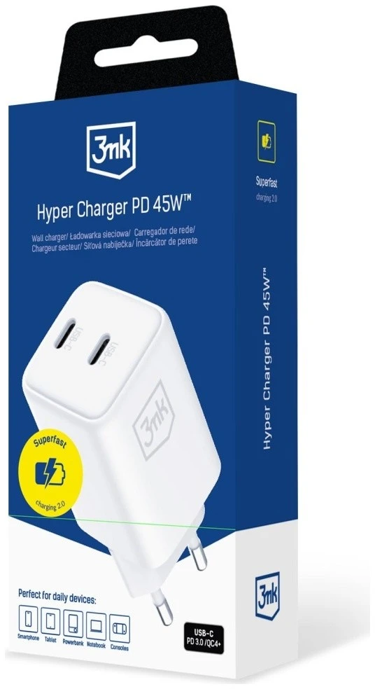 Laidinis įkroviklis 3MK Hyper Charger PD 45W GaN QC4+ PPS 2C Super-Fast Charge 2.0 baltos spalvos