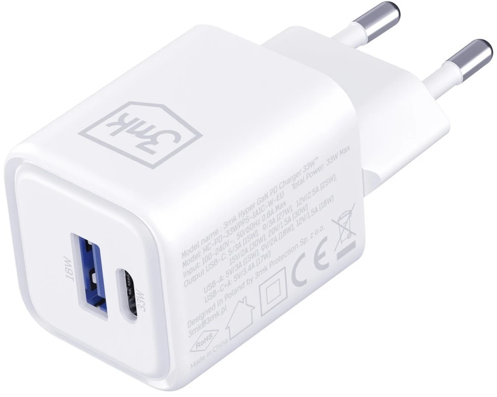 3Mk apsaugos priedai - 3mk Hyper Charger PD 33W GaN QC4+ PPS AFC FCP SCP 1A1C Baltas
