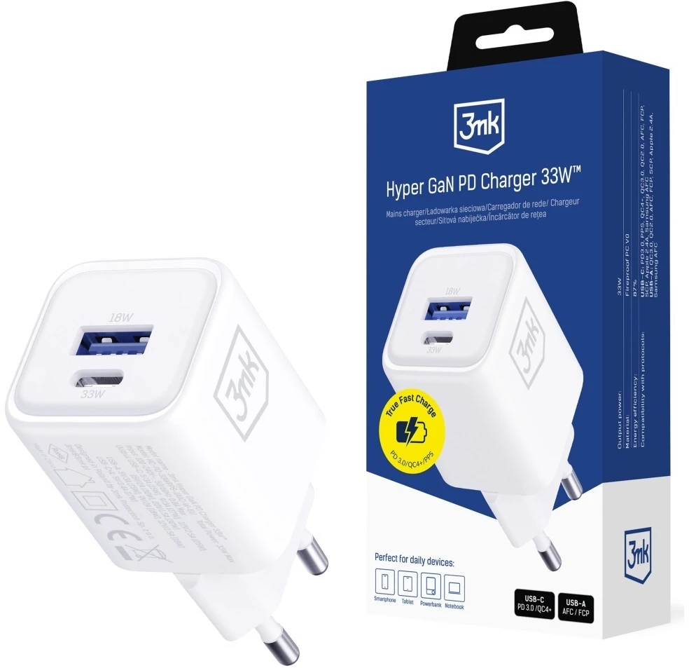 3Mk apsaugos priedai - 3mk Hyper Charger PD 33W GaN QC4+ PPS AFC FCP SCP 1A1C Baltas