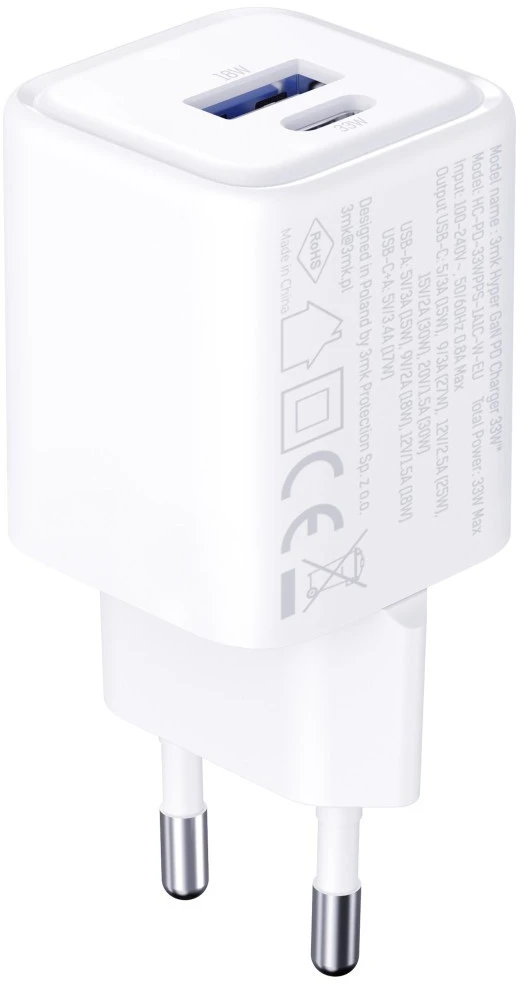3Mk apsaugos priedai - 3mk Hyper Charger PD 33W GaN QC4+ PPS AFC FCP SCP 1A1C Baltas