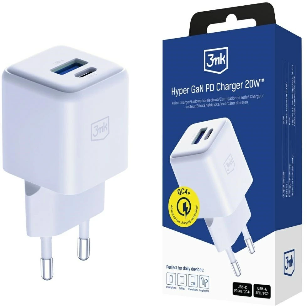 3Mk Protection 3mk Hyper GaN įkroviklis 20W QC4+ PD PPS USB-C USB-A sieninis įkroviklis - Baltas