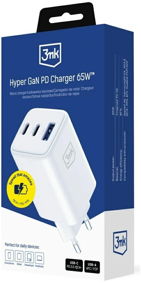 3Mk apsaugos priedai - 3mk Hyper GaN įkroviklis 65W QC4+ PD PPS USB 1A2C Baltas EU