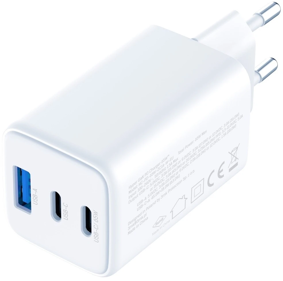 3Mk apsaugos priedai - 3mk Hyper GaN įkroviklis 65W QC4+ PD PPS USB 1A2C Baltas EU